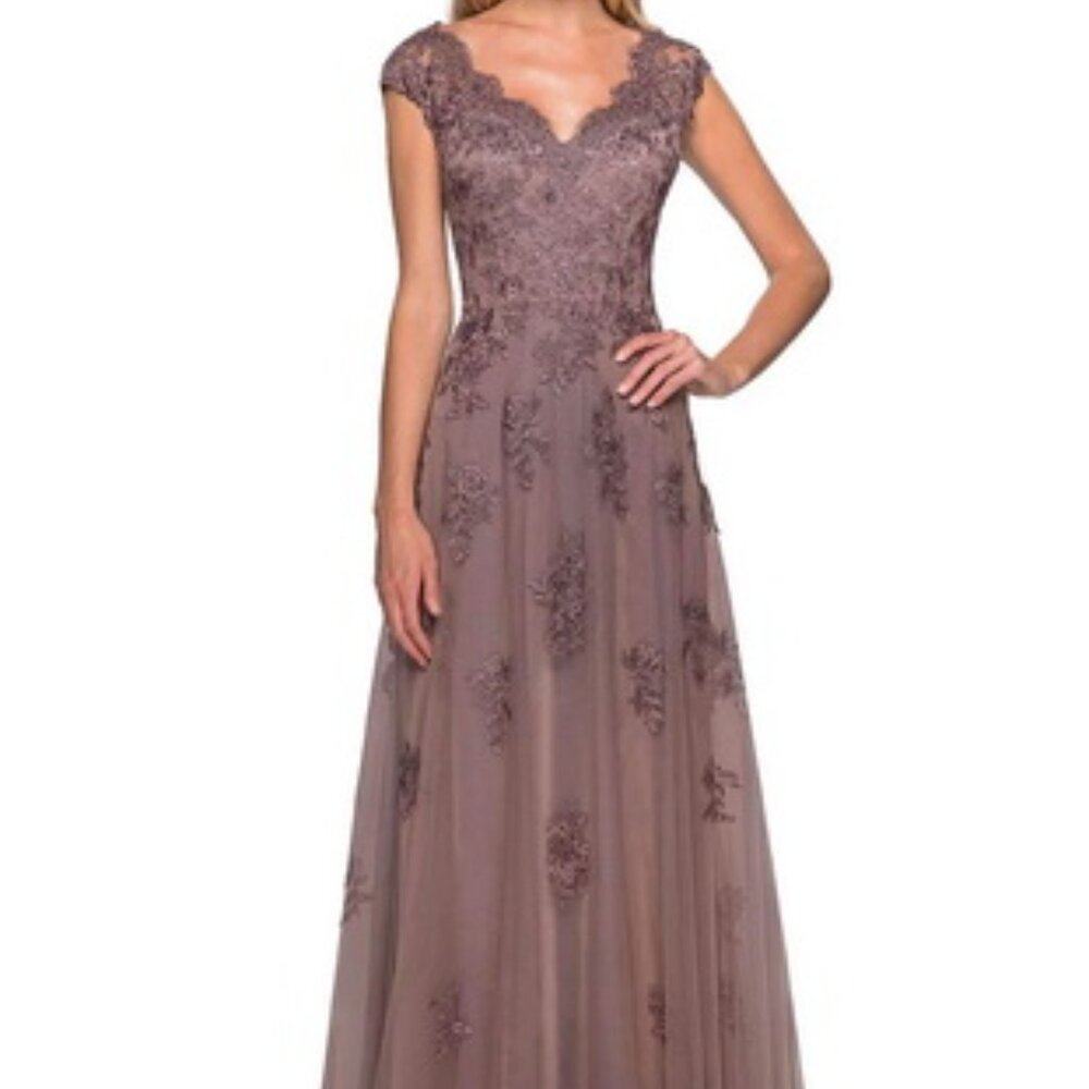 La Femme Cocoa Embellished Tulle & Lace A-Line Gown